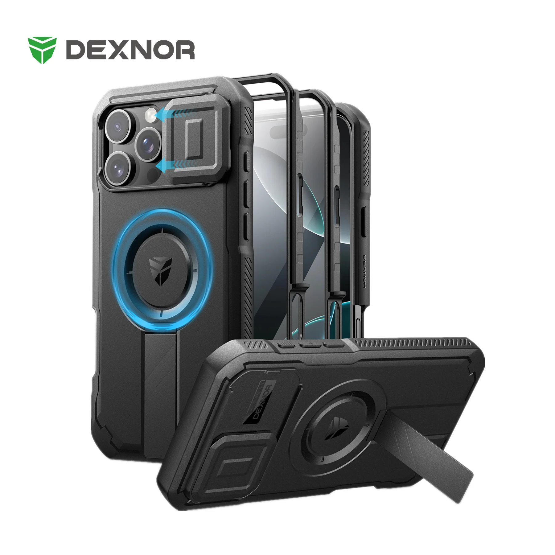 Rugged Armor Shockproof Case with Sliding Camera Cover, Screen Protector, and Kickstand
