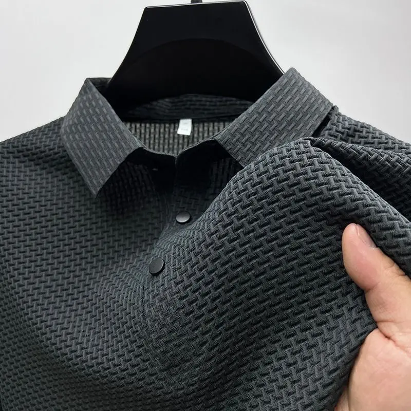 

Summer high-end mesh ice silk short sleeved T-shirt, men's shirt collar, solid color Paul slip polo shirt, half sleeved