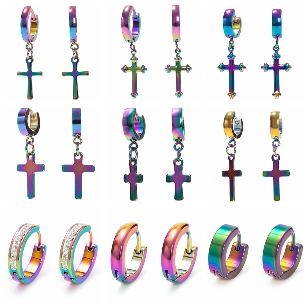 

ESSFF Ear Clip Men Jewelry Fashion Small Hoop Earrings Multi-Color Cross Earrings Punk Stainless Steel Dangle Earrings for Women