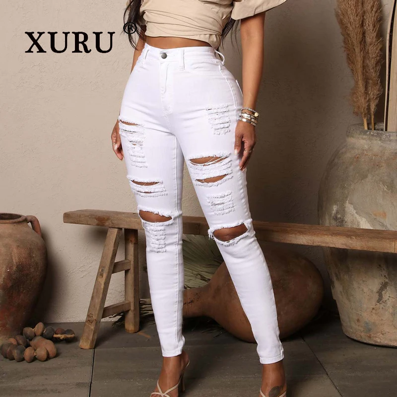 XURU-Europe and The United States New Stretch Hole-breaking Jeans Women's, High Street Small Foot Pants Long Jeans K65-1076 xuru europe and the united states new independence day flag suspenders jeans women s painted patch back pants jeans k34 222