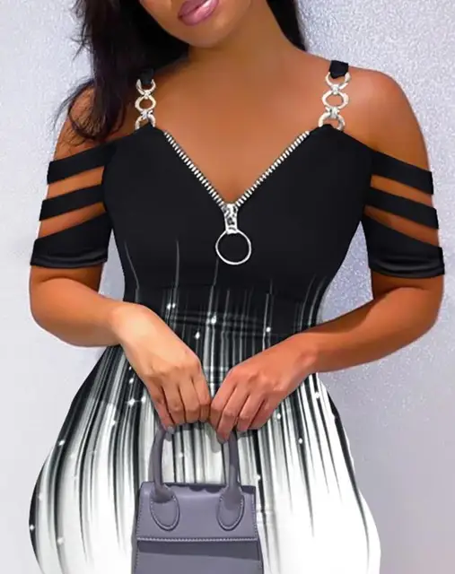 New Fashion 2023 Summer Casual Sexy Colorblock Cold Shoulder Bodycon Skinny Mini Dress