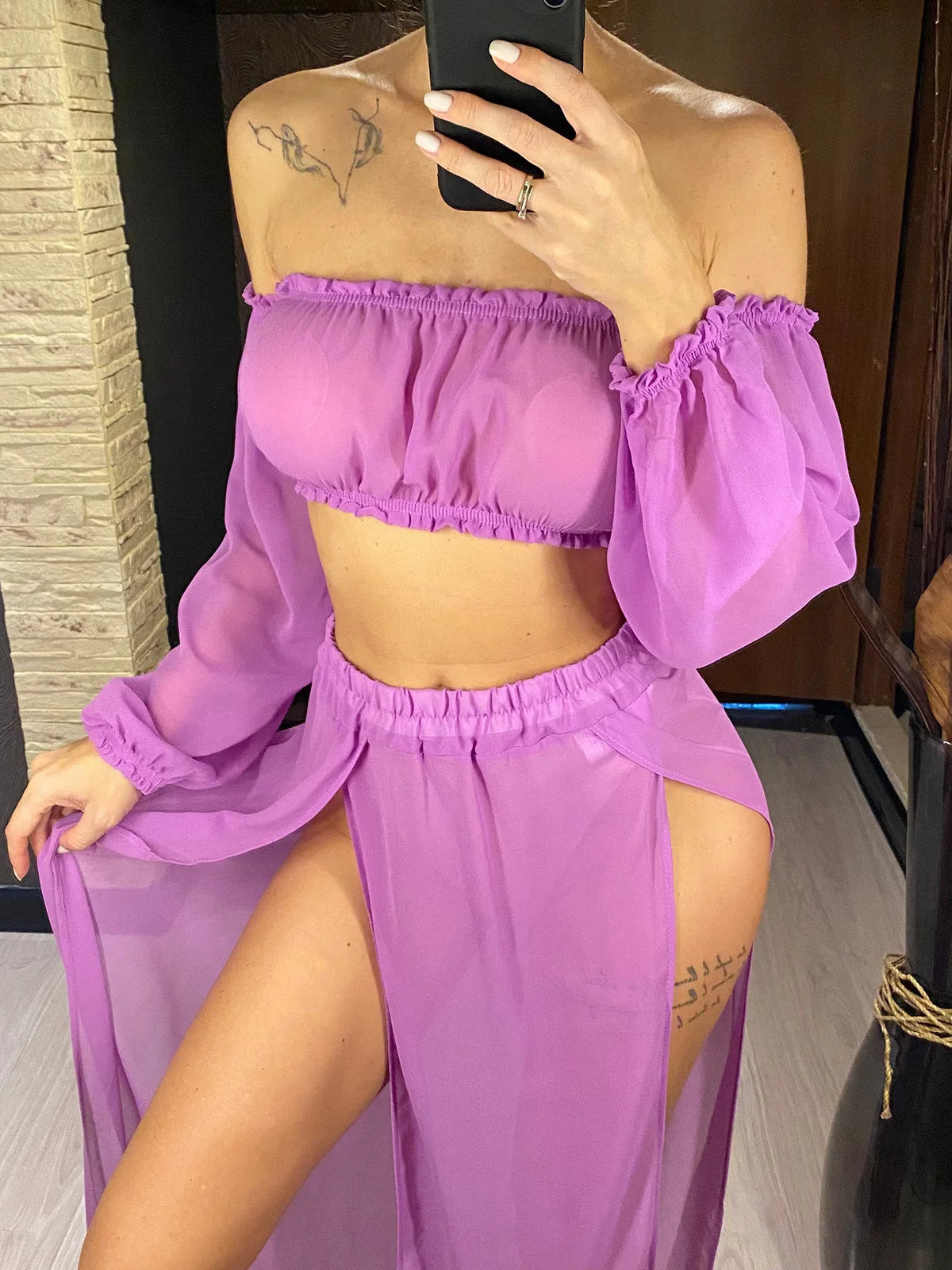 Leopard Off-Shoulder Long Sleeve Two-Piece Beachwear Set