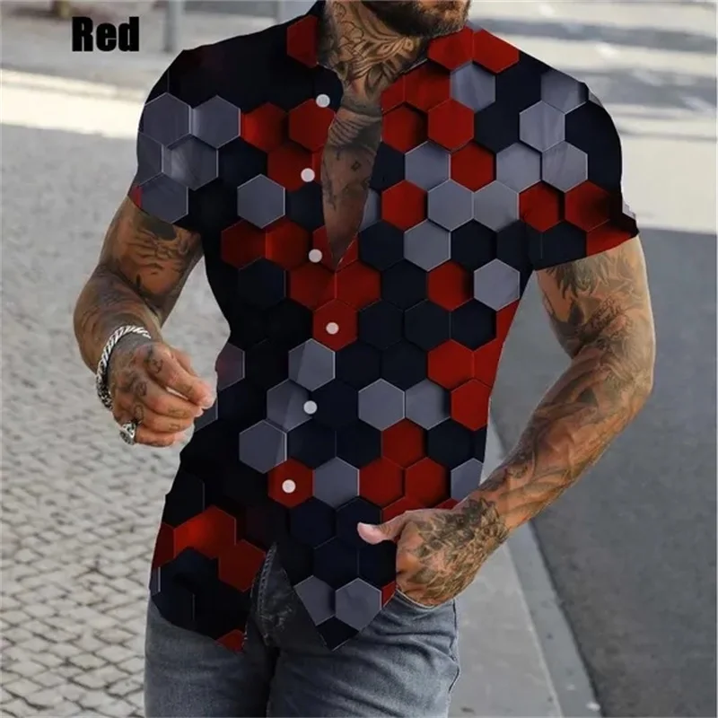 thumbnail image 1 of Camisa con estampado geométrico y personalidad en 3D para hombre, camisas casuales de manga corta con botones, camisas de playa de gran tamaño para hombre, 1 of 5