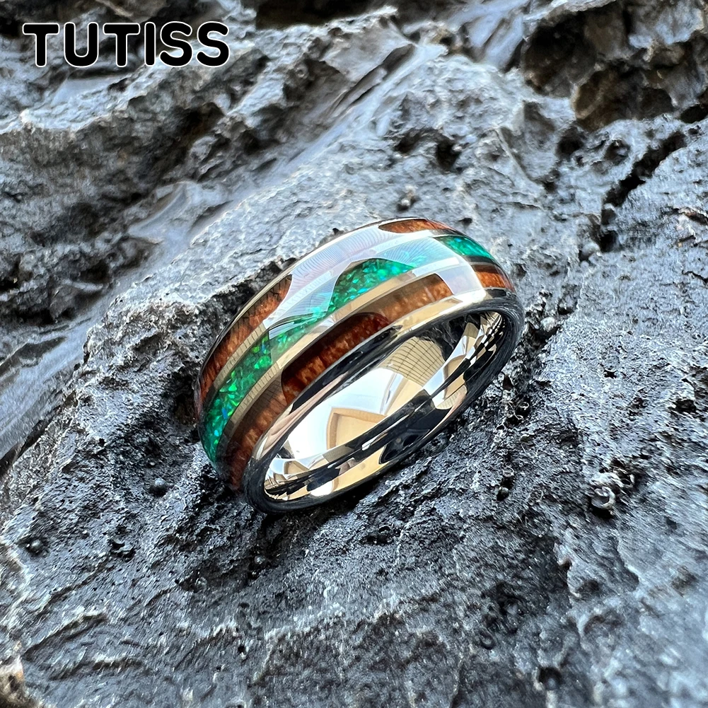 8mm Tungsten Ring for Men Women Engagement Wedding Band Jewelry Green Opal Koa Wood Inlay