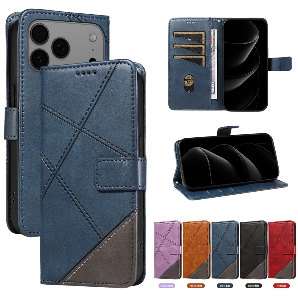 Magnetic Leather Wallet Phone Case with Grid Design