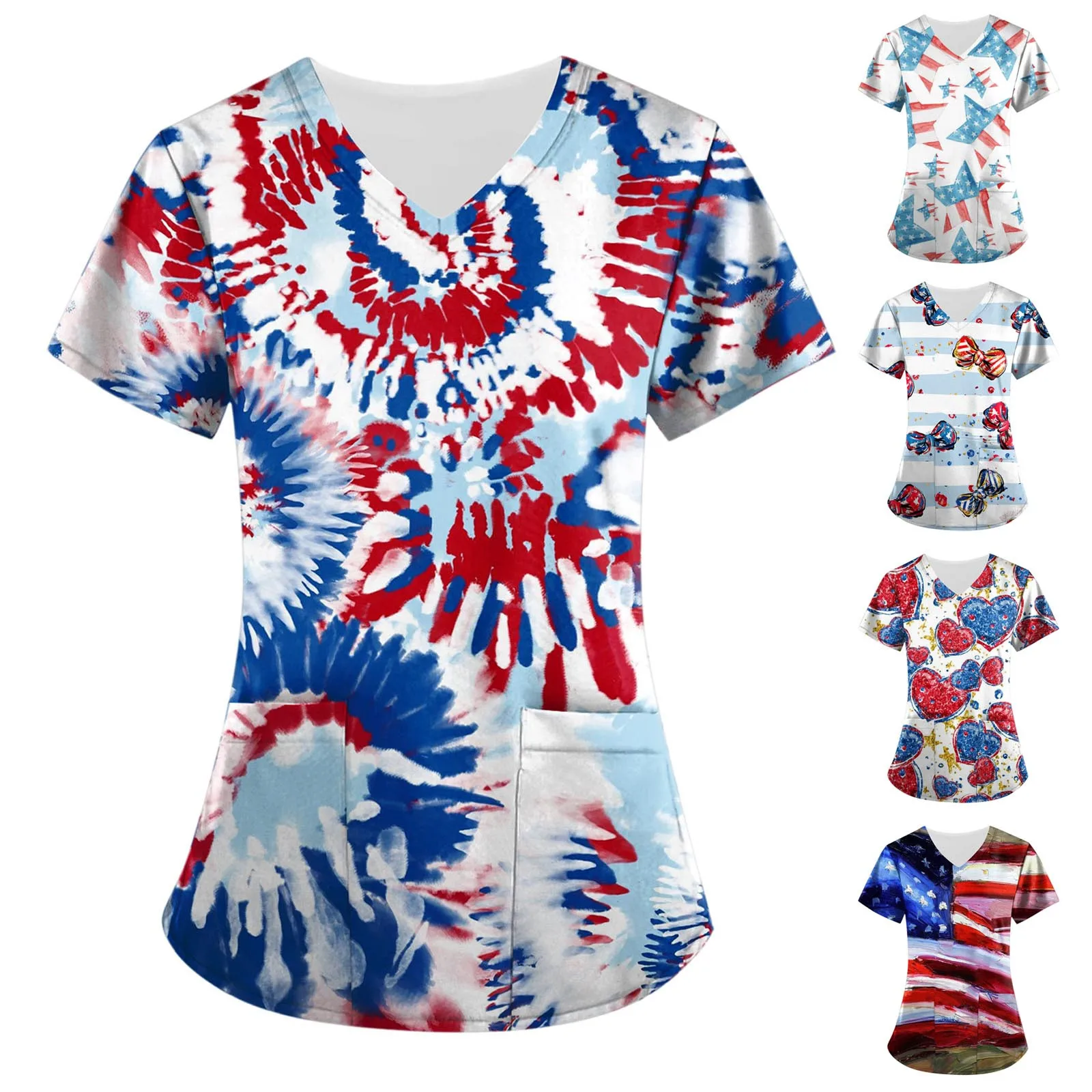 

Women Casual V Neck Short Sleeve Top Independence Day Print Short Sleeve Pocket Nursing Layering Tee Long Sleeve Short T Shirt
