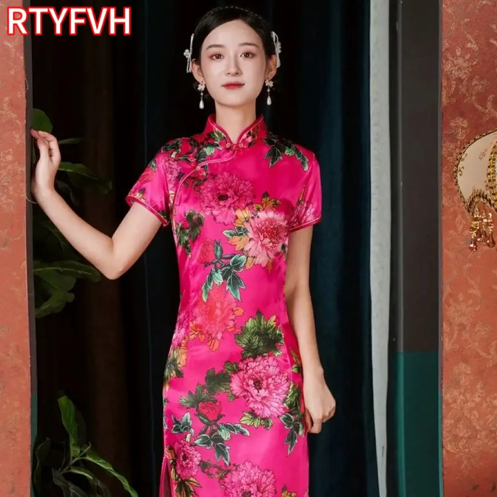 

Vintage Slim Chinese Traditional Cheongsam Short Sleeve Split Dress Women Long Qipao Dress 5XL Various Color