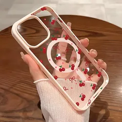 Enhanced Red Cherry Bow Pattern Magnetic Clear Phone Case Cover - Galaxy S26+ (Pink)