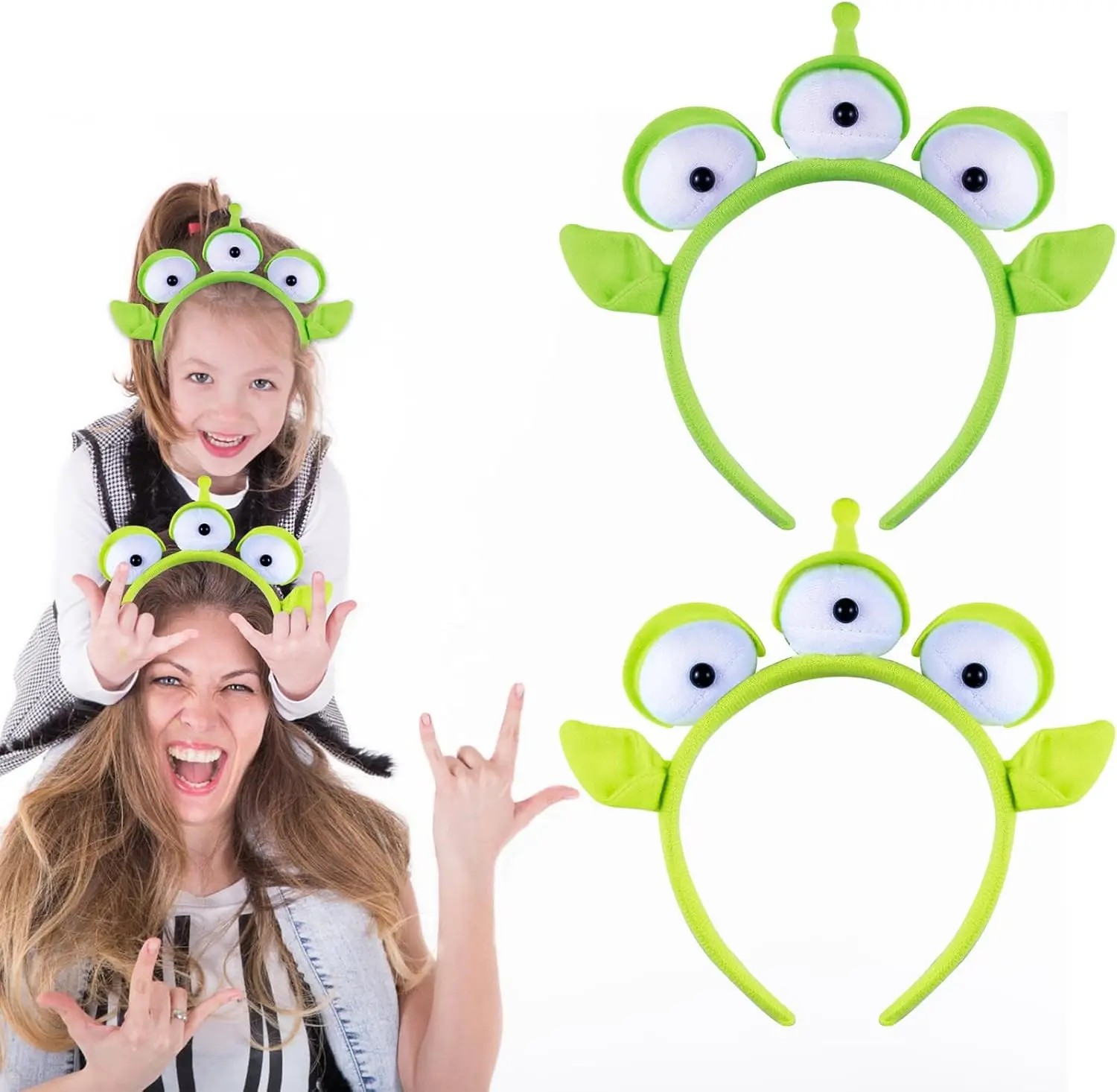 2 Pack Parent-Child Interactive Three-eyed Alien Party Headbands Set, Green Monster , Halloween Costume,birthday decoration
