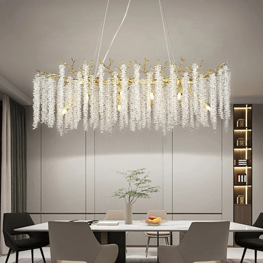 Europe Style Long Ceiling Chandelier Crystal Simple Branch Dining Room Lighting Aluminum Luxury Tassel Glass Round Chandeliers ceiling chandelier