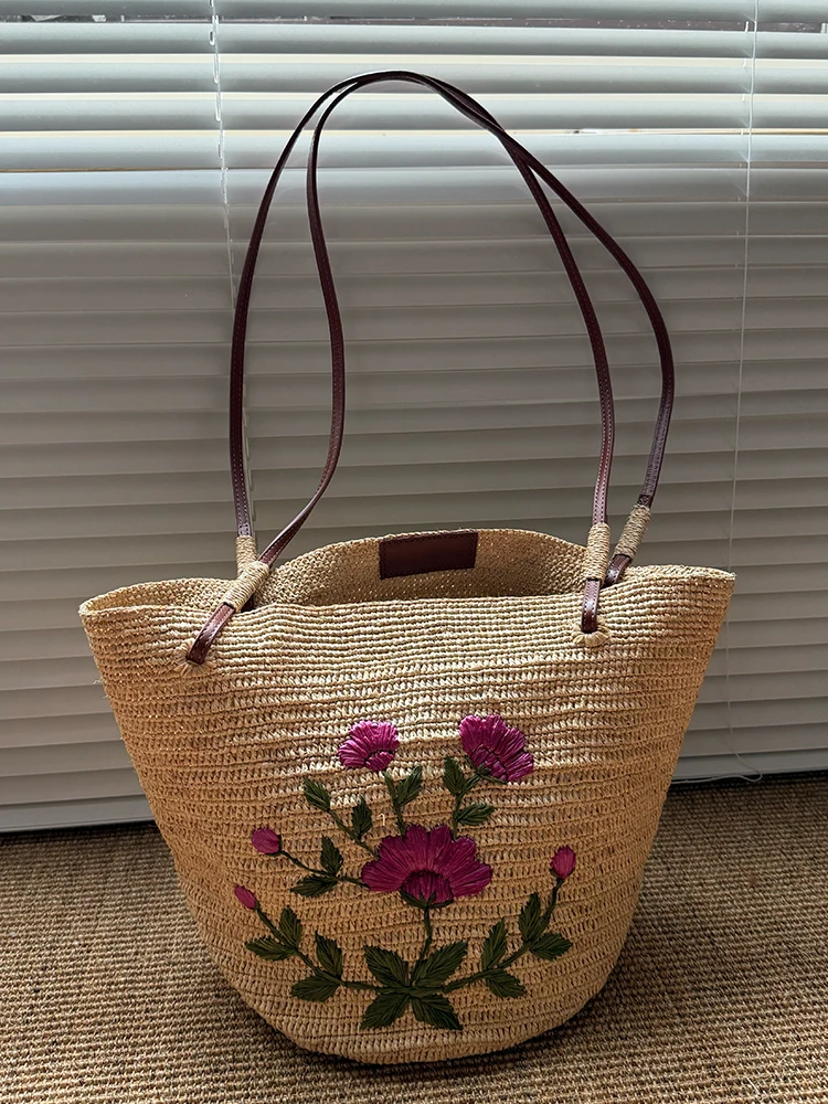Fashion Cute Flower Bag Embroidery Woven Large Shoulder Bag Handbag Luxury Tote Shopping Vacation Holiday Shopping Bag