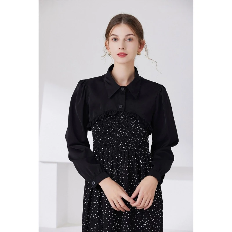 Women Long Sleeve Boleros Shrugs Open Front Cropped Jackets Cardigan Lace Fake Collar Detachable Dickeys Blouse Crop Top N7YF