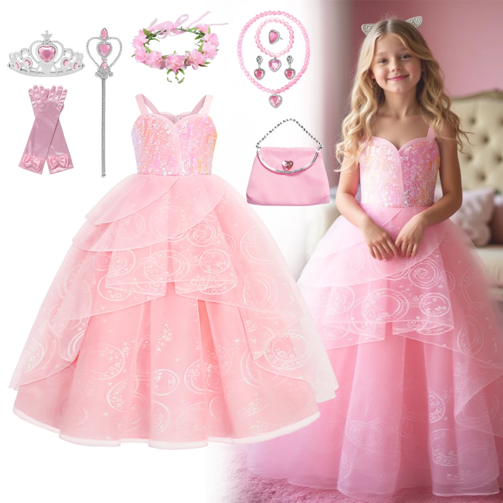 2025 New Summer Girls Elegant Dresses For Children's Birthday Party Pink Sequin Slip Dress Princes Dance Party Dresses For Girls
