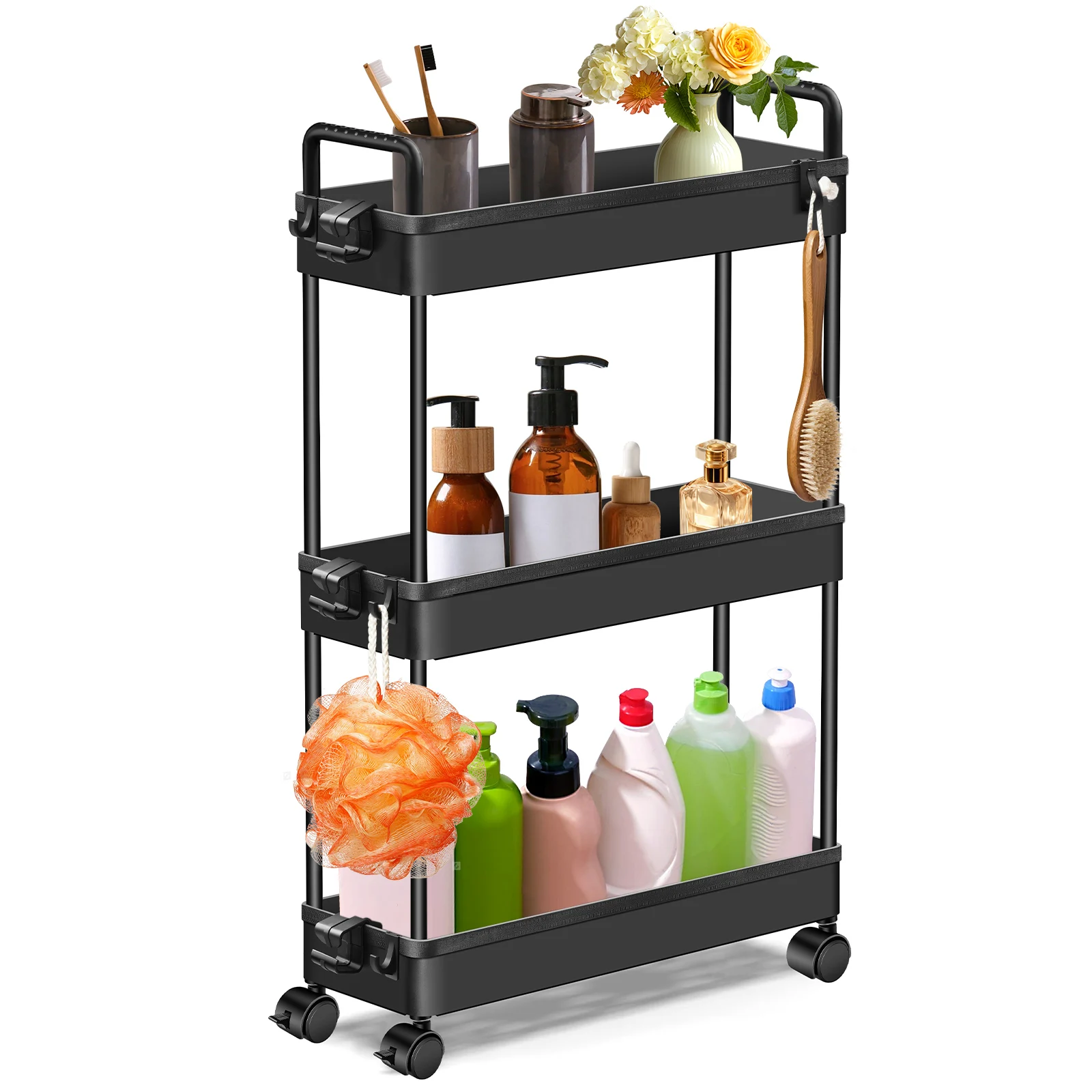 DayPlus 3-Tier Storage Trolley Cart Slide-out Slim Rolling Utility Cart Mobile Storage Shelving Organizer for Kitchen, Bathroom: 3 - 5 Days Free Delivery Only UK
