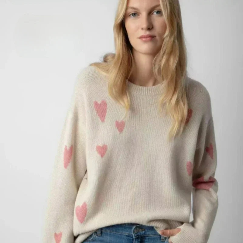 

Spring New Women Heart-shaped Pattern Round Neck Long-sleeved Knitted Pullover
