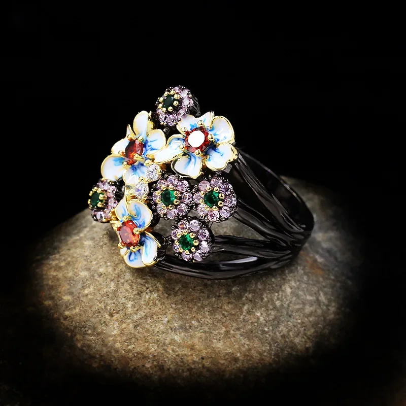 Ladies 925 Silver Black Gold Ring Color Flower Ring Zircon Jewelry Handmade Enamel Exaggerated Flower silver rings silver ring gold plated silver ring rose flower ring