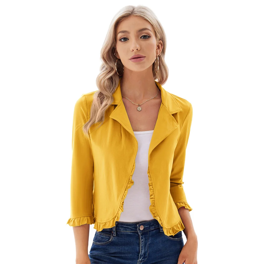 GK Women's Casual Short Coat Lapel Collar Open Front Ruffled Cotton Shrug Bolero Jackets Solid Slim Office Lady Daily Outerwear