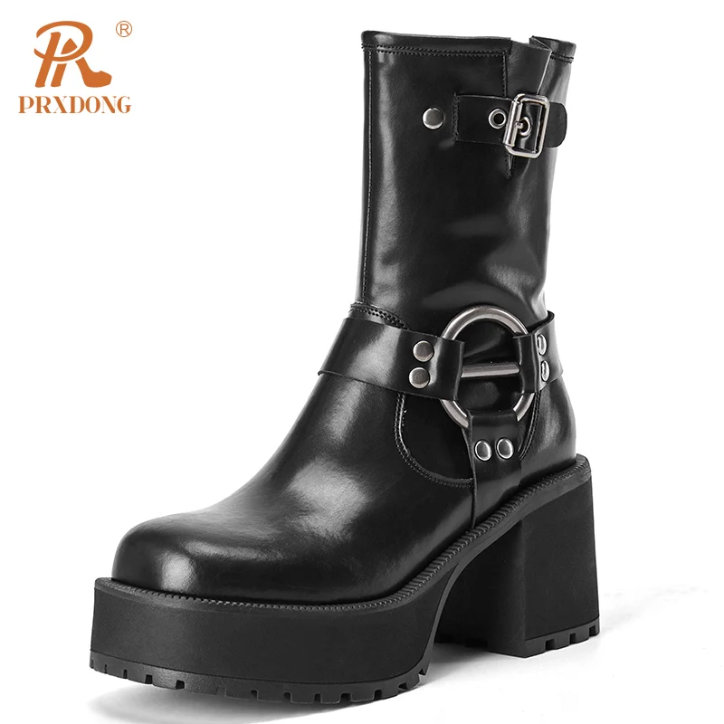 

PRXDONG Women's 2023 Top Qulaity Leather Shoes Autumn Winter Warm Ankle Boots Chunky High Heels Platform Punk Dress Party 34-40