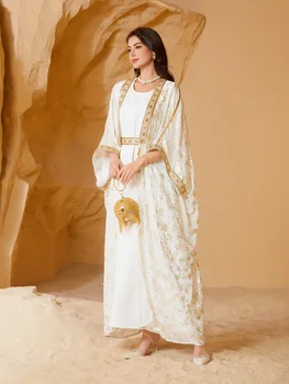 Arabian Chiffon Golden-Printed  Women's Modest Long Sleeve Dress Kaftan Arabian Dress