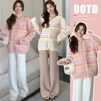 Maternity Sweater Spring Autumn New Style Sweet Cute Soft Comfortable Colorful Striped Cardigan For Pregnant Women
