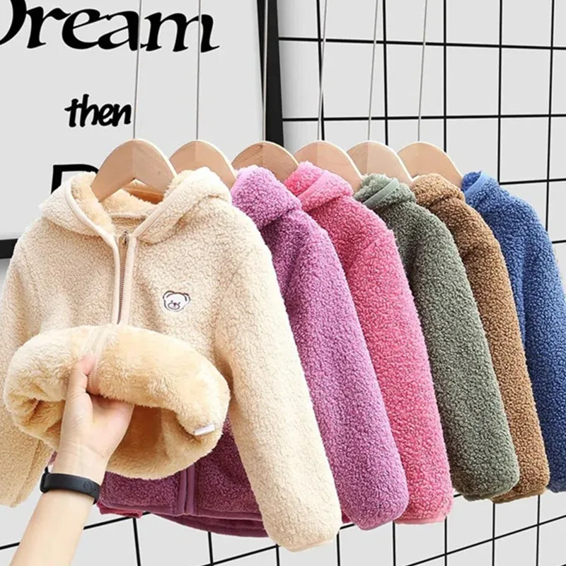 

Boy Girl Autumn and Winter Fleece Wool Coat Children's Clothing Weaters Adorable Bear Ears Sturdy Hoodie Baby Hairy Zipper Coat