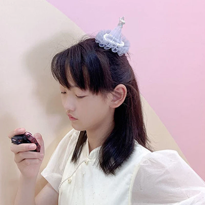 달콤하고 귀여운  머리핀, 화려한 메쉬 거즈 생일 모자, 진주 장식 여자아이 공주 바레트, 파티 사진 소품, 어린이 헤어웨어