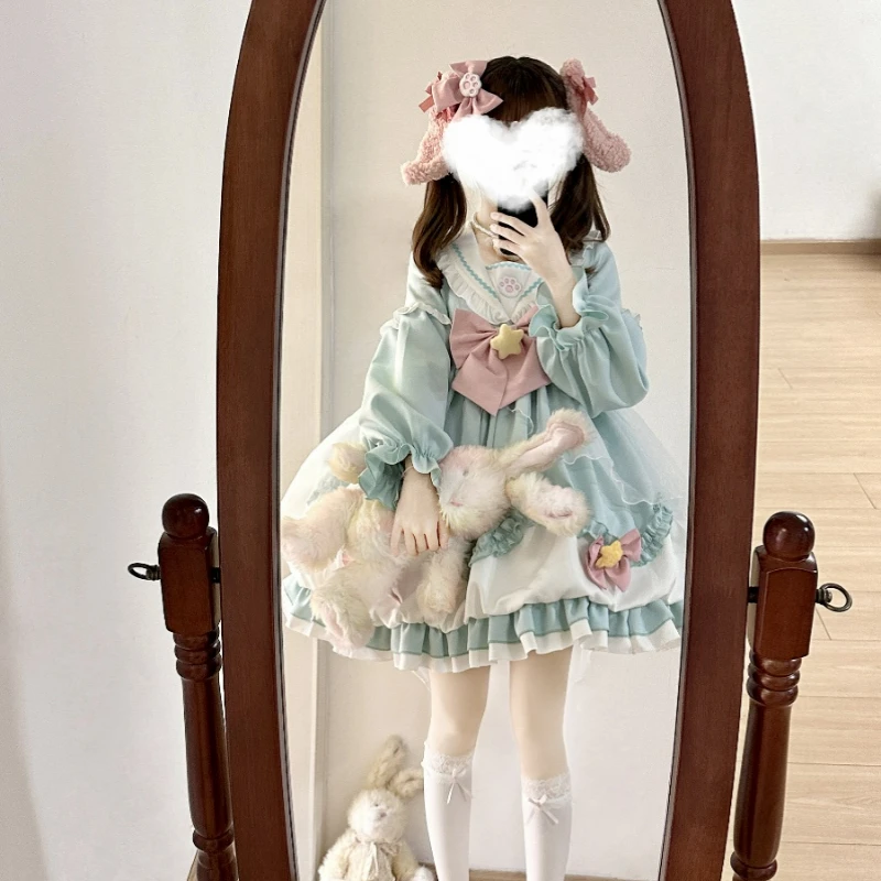 Dolce Lolita Vestito Kawaii A Quadri Per Adolescenti – Manica A Sbuffo, Fiocco E Pizzo, Rosa, Viola, Giallo - 2