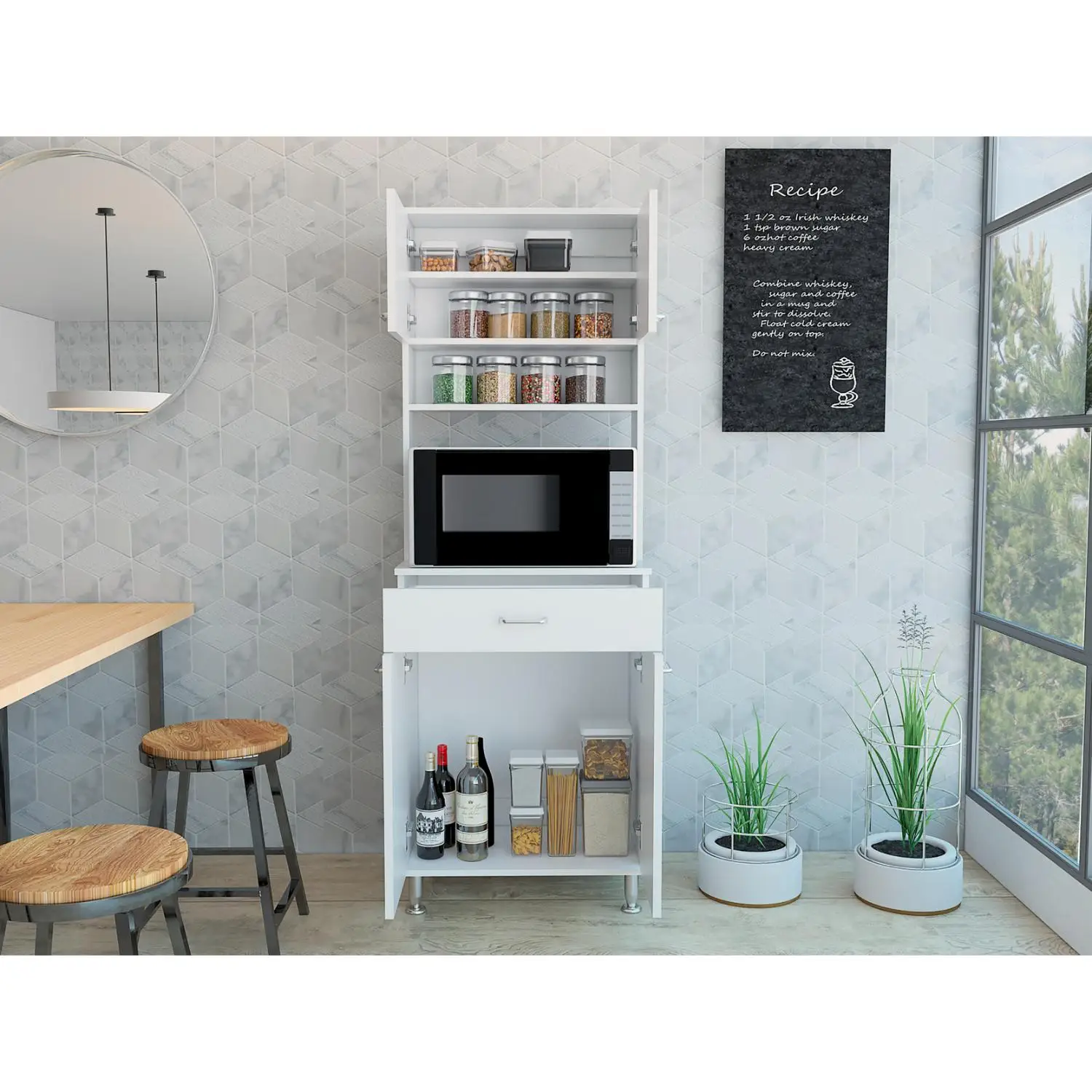 Della 60 Kitchen Pantry with Countertop, Closed & Open Storage White 3