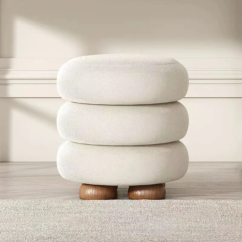 

Light Luxury Cream Dressing Stool Scandinavian Modern Minimalist Small Household Round Stool Chair Lamb's Wool Makeup Bench