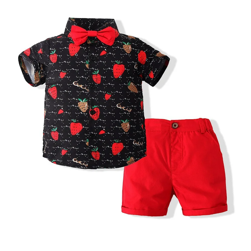 

Fashion Baby Boy Clothes 2-6 Years Children Printed Shirt with Red Shorts Outfit for kids Holiday Party Summer Cotton Costume