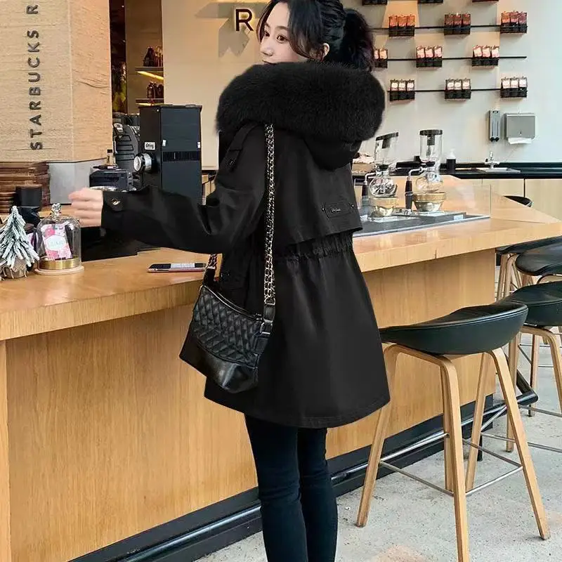2023 Winter New Women Warm Coat Mid-Length Fur Collar Drawstring Parkas Loose Hooded Outwear Fashion Look Slimmer Outcoat
