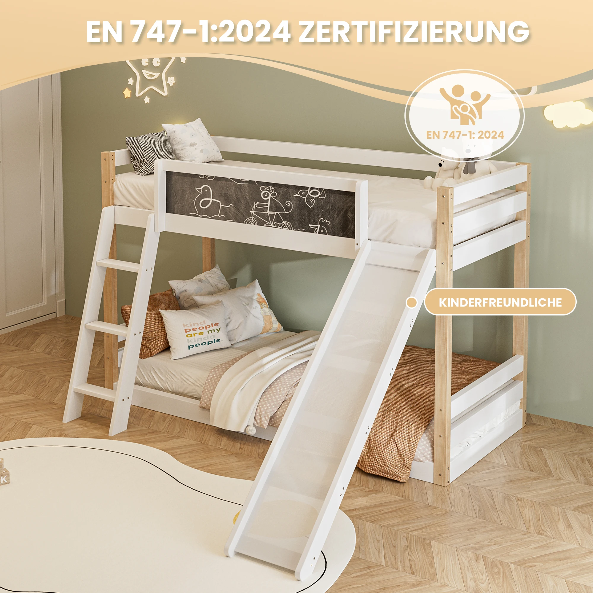 KOMHTOM Kinder Etagenbett mit Rutsche & Treppe, Stabiler Wood, PB-Rahmen, 4-seitigem Schutzgitter – Detail 2