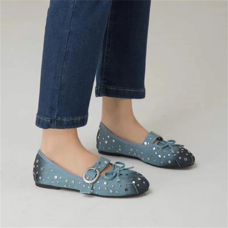 

Maxi Rivets Shoes for Ladies Belts Buckle Women's Flat Heels Zapatos De Mujer Blue Female Shallow Butterfly-knot Chassure Femme