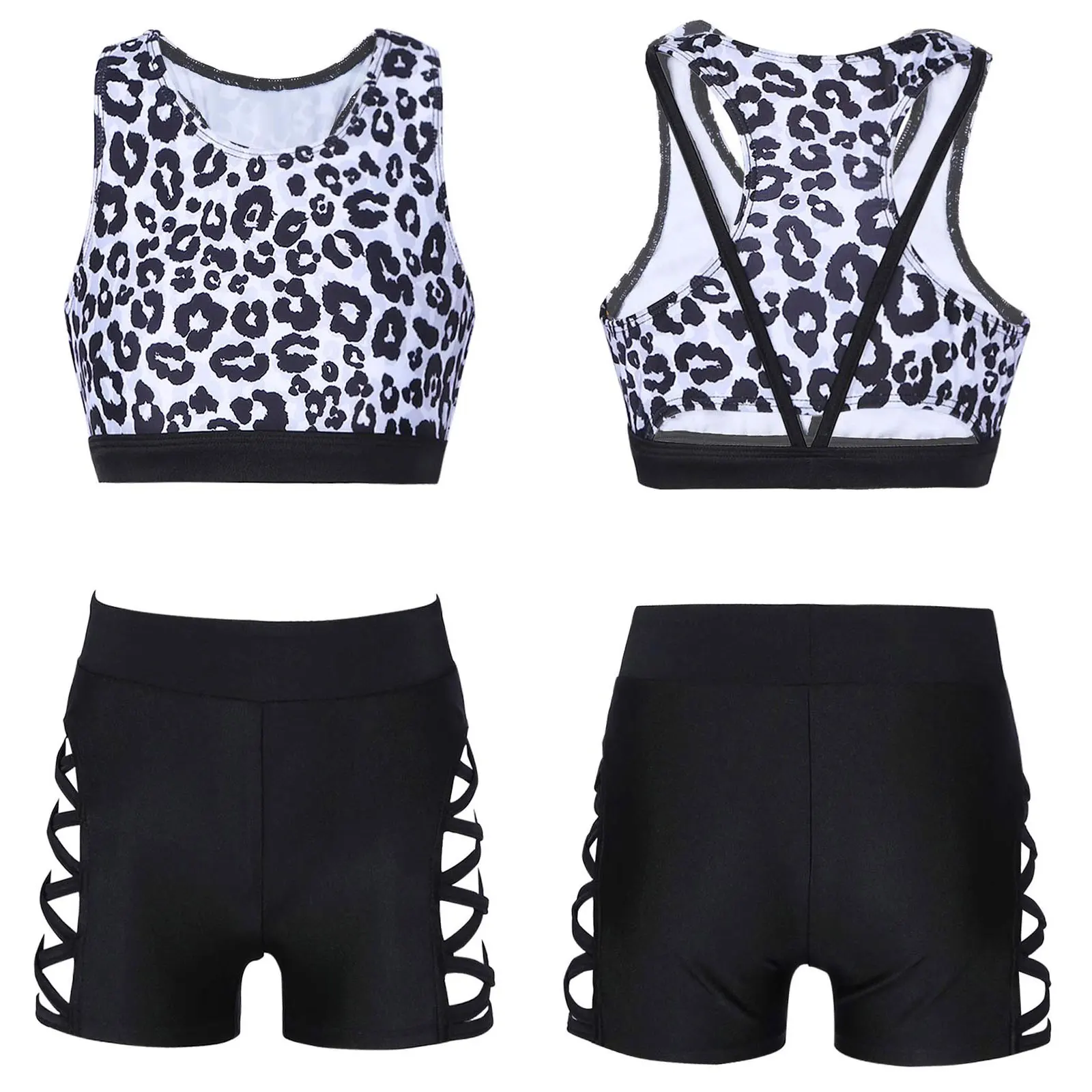 

Kids Girls Leopard Print Sportswear Gymnastics Workout Sets Crop Top + Shorts Trousers Sports Ballet Dance Outfits Children Suit