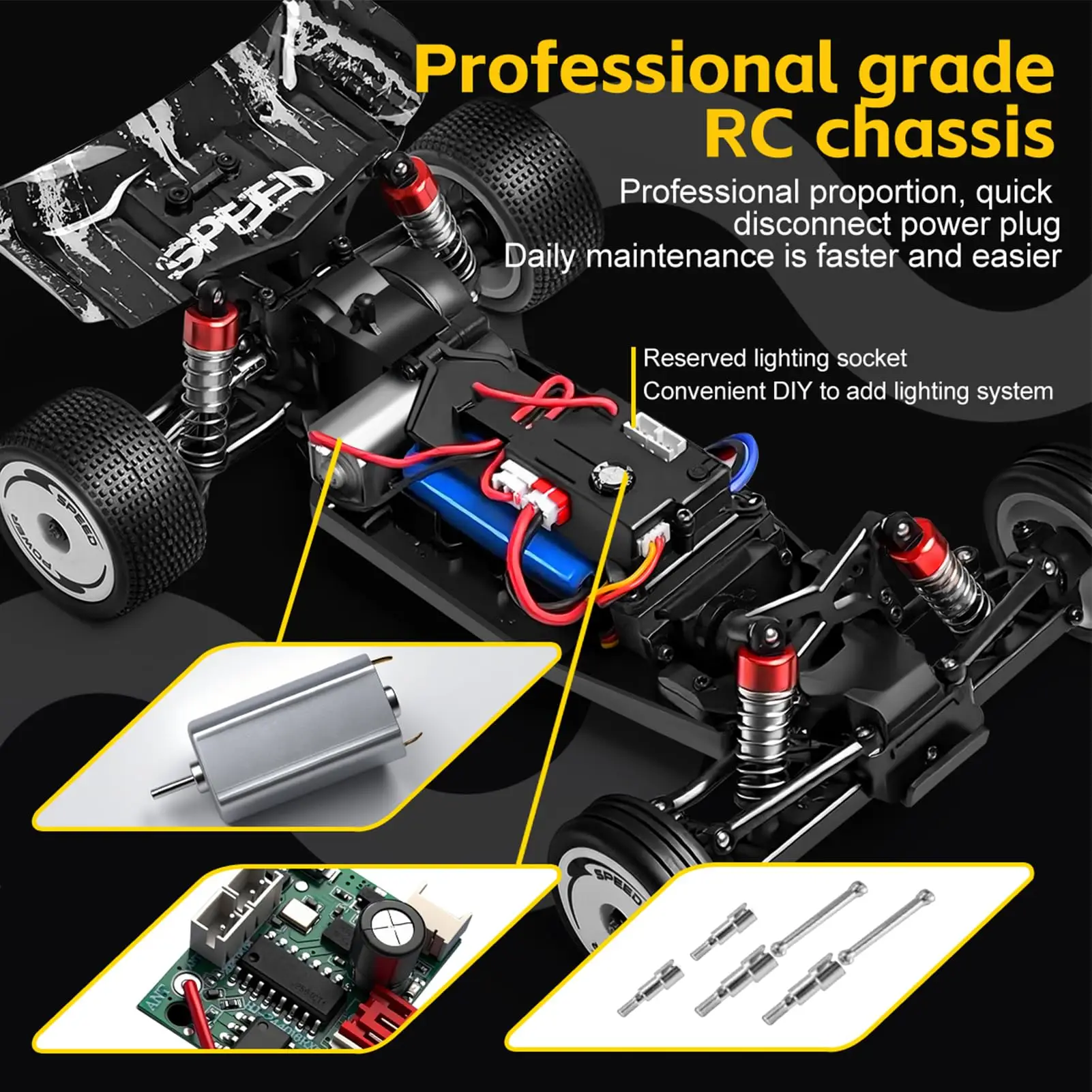 Vue arrière de la voiture RC Wltoys 244016 4WD 25km/h 2.4GHz blanche montrant le spoiler et les feux LED.