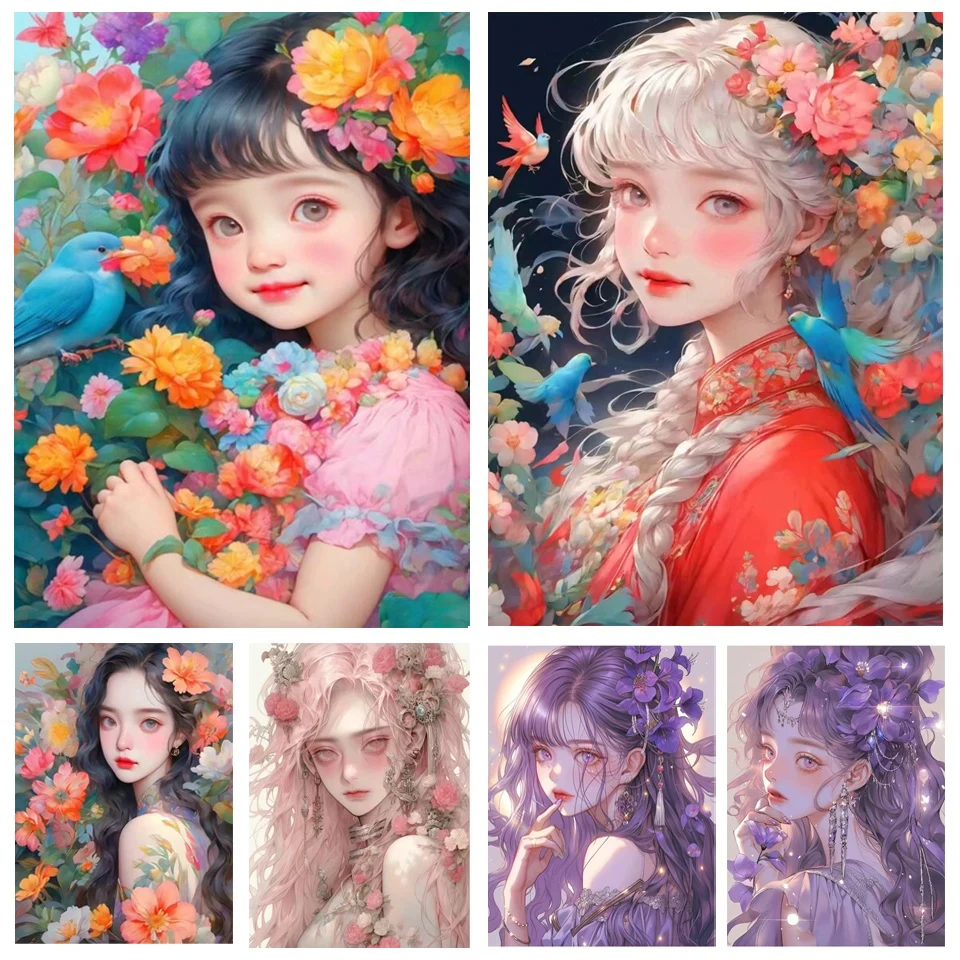 

5D Cartoon Portrait Diamond Painting Cute Girl Flower Fairy Bird Full Rhinestone Mosaic Embroidery Cross Stitch Home Decor W149