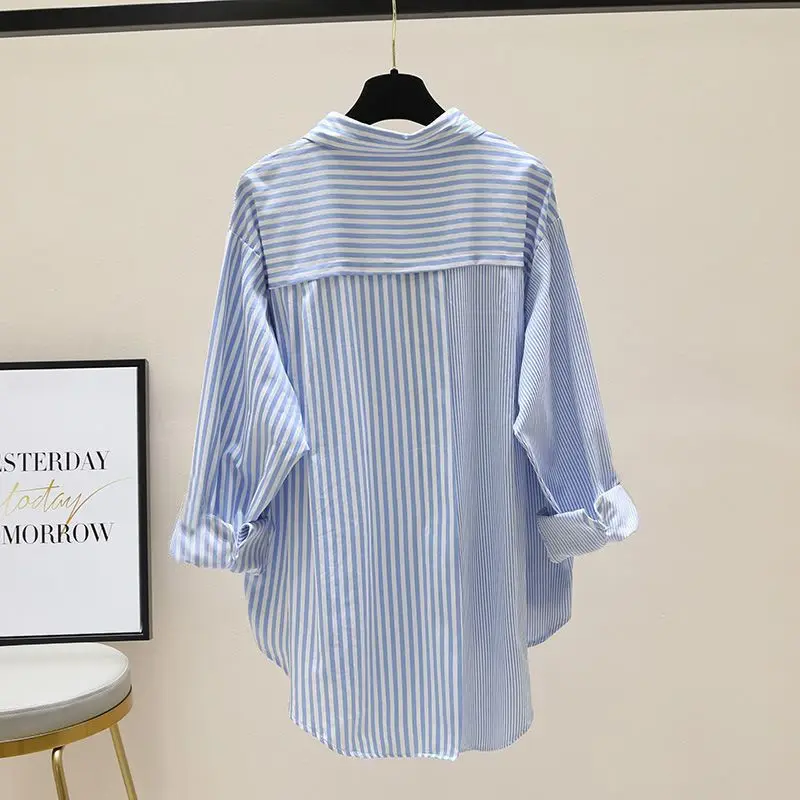 2023 Korean Style Spring Summer New Blouse Women Turn-down Collar Stripe Single Breasted Pocket Long Sleeve Female Clothing