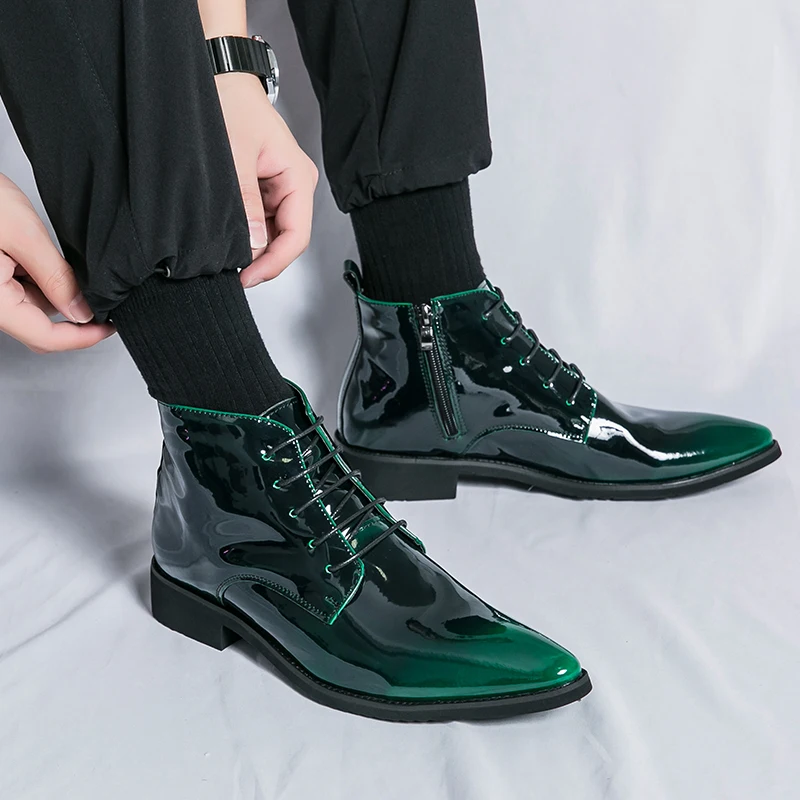 Luxury Chelsea Boots Men's Shiny Leather Shoes Pointed High Top Shoes Men's Banquet Dress Shoes High-end Purple Red Short Boots