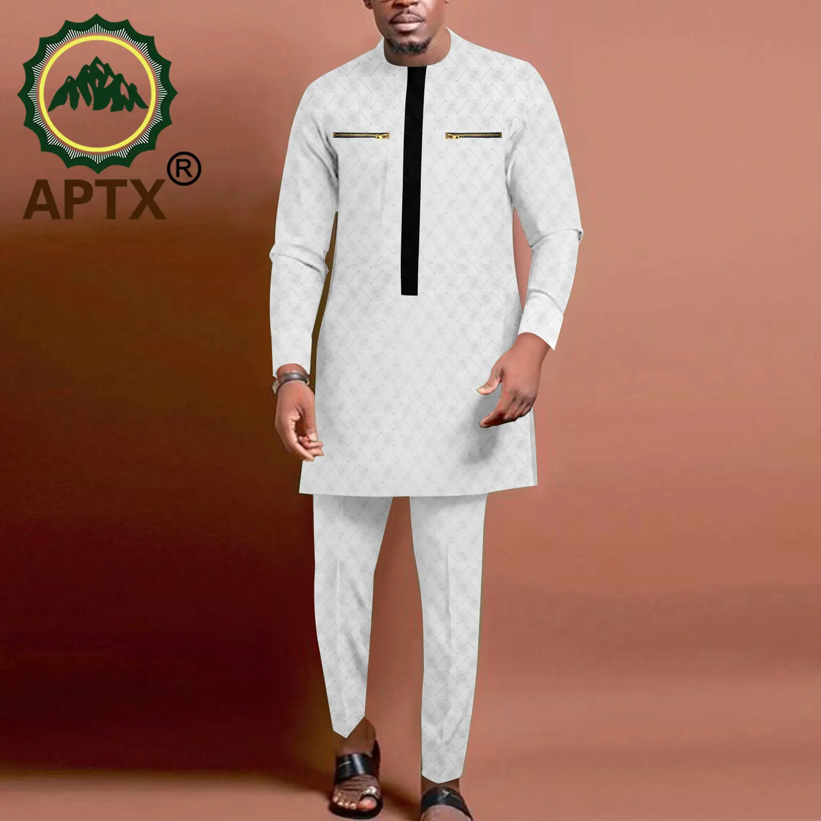APTX African Jacquard Clothing for Men Long Top+Full Length Pants 2 Pieces Casual Srt with Metal Zipper Decoration TA2216130