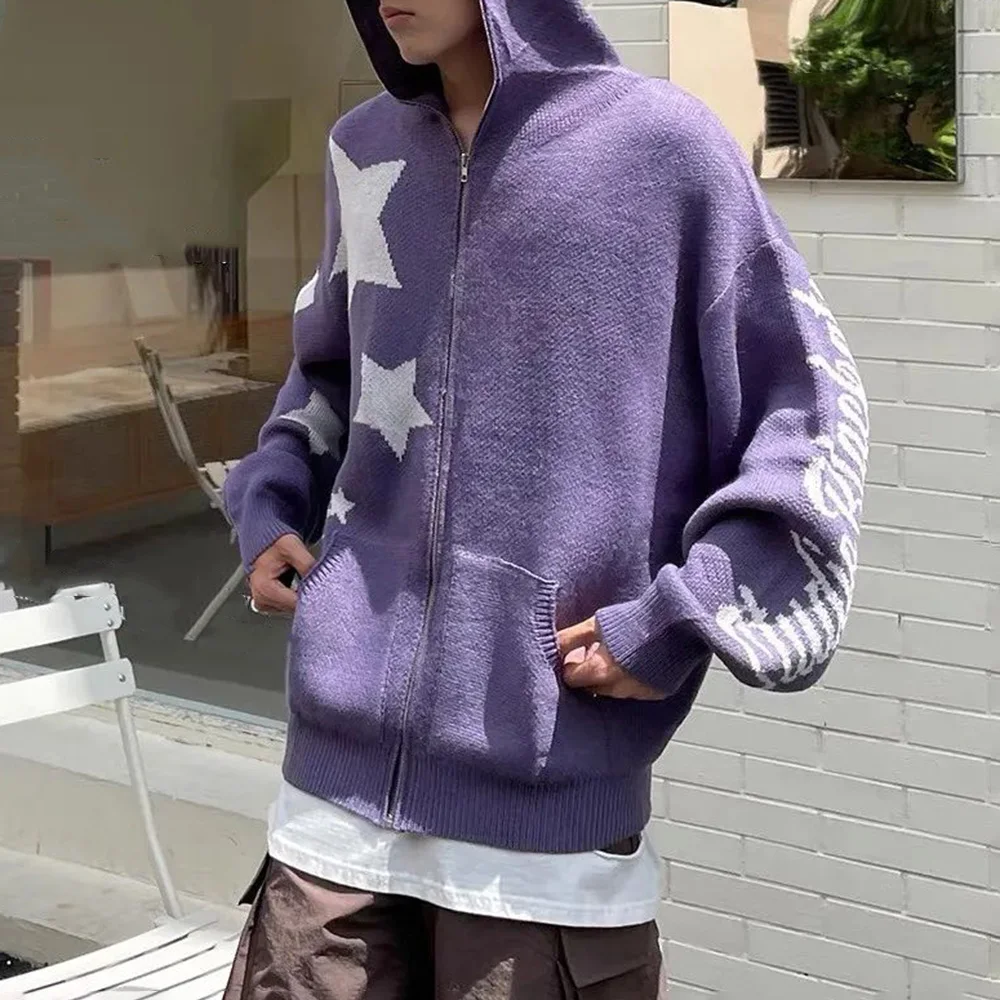 Star Zipper Cardigan Men Hooded Knitted Sweater Y2K Streetwear Spring Fall American Loose Casual All-match Hooded Sweater Jacket