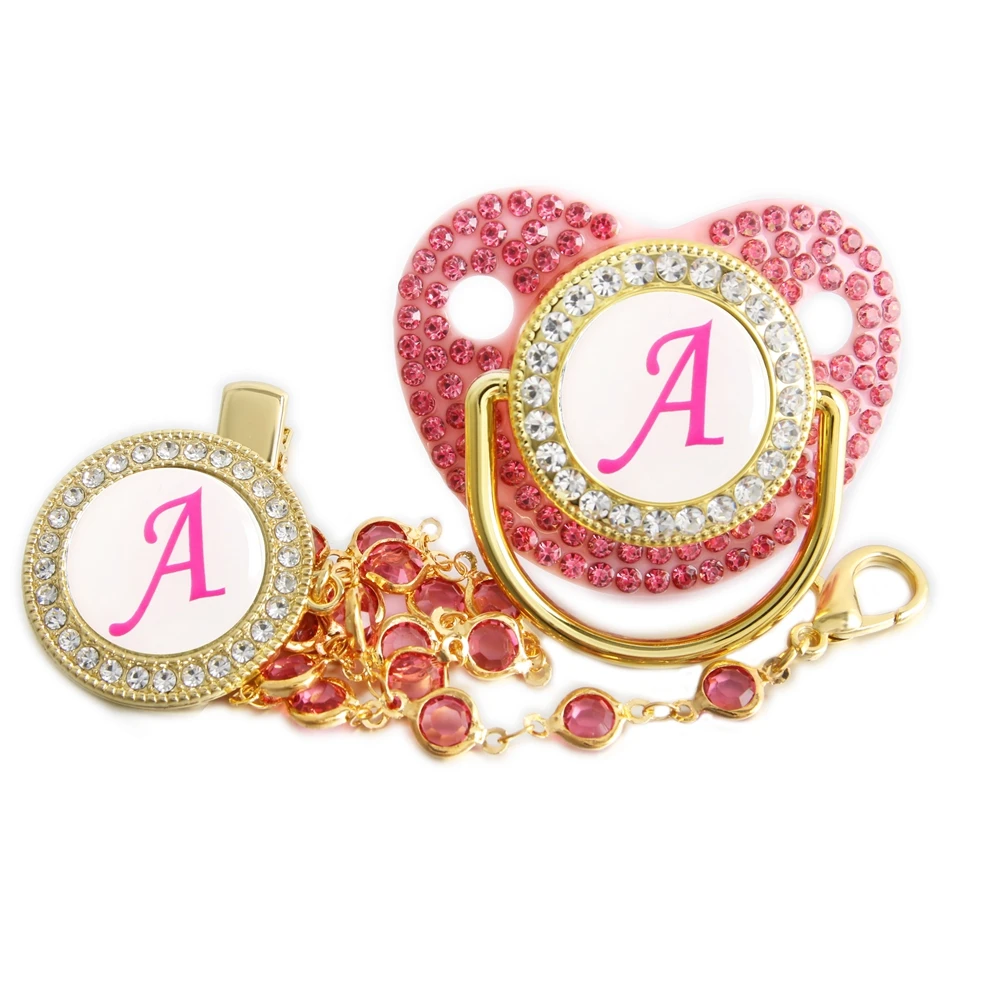 

Name Initial Baby Pacifier Chain Clips Pink Crystal Newborn Luxury Pacifiers Silicone Nipple Infant Shower Gifts