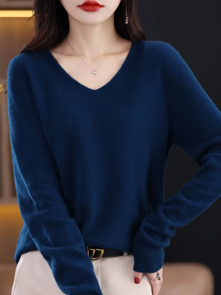 

Aliselect Fashion Autumn Winter Basic 100% Merino Wool Sweater V-Neck Long Sleeve Women Knitted Pullover Cashmere Clothing Top