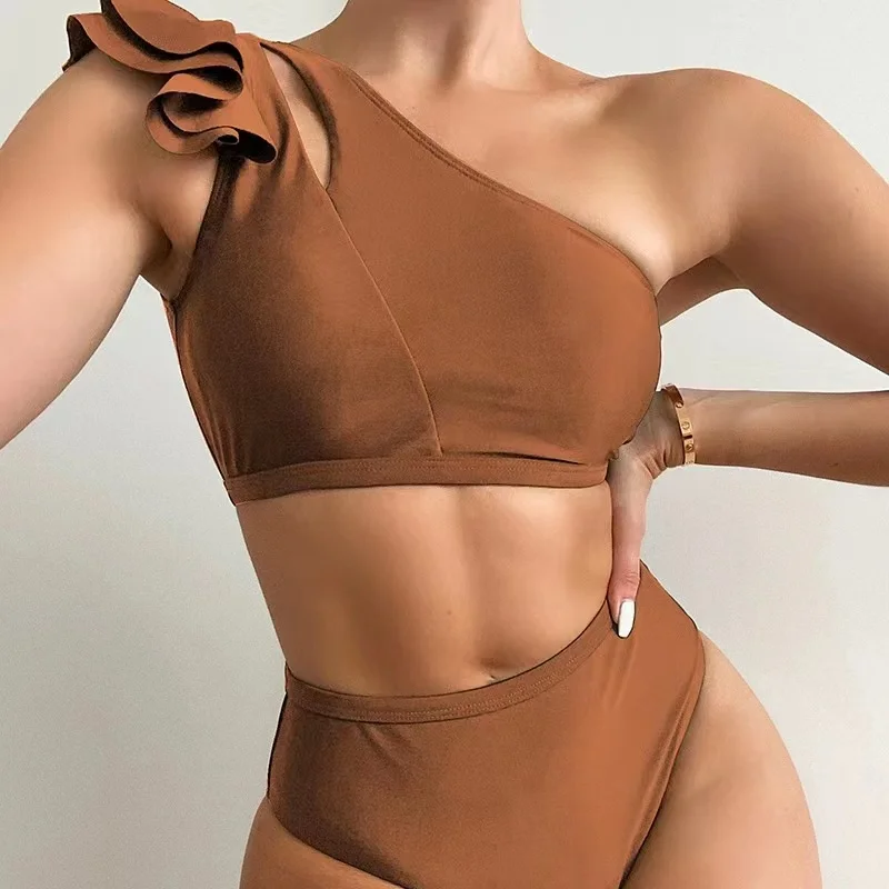 One Shoulder Cut Out Bikini Set Solid Swimsuit Women High Waist Swimwear Push Up Brazilian Bathing Suit Female Bikinis 2024 New