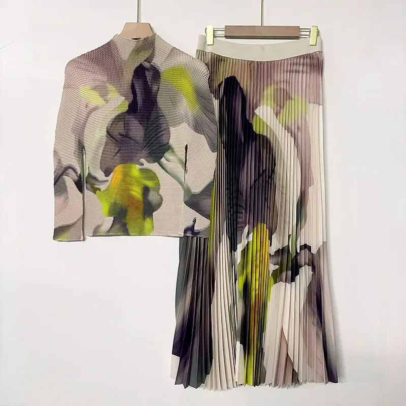 

2023 Miyake Pleated New Women Suit Slim Western Print Stand Collar Long Sleeve Top Loose Slim Skirt Casual Party Two Piece Set