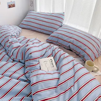 Ensemble de housse de couette à rayures rouges et bleues, Style Simple, drap plat, ensemble de literie en coton lavé pour enfants et adultes 1