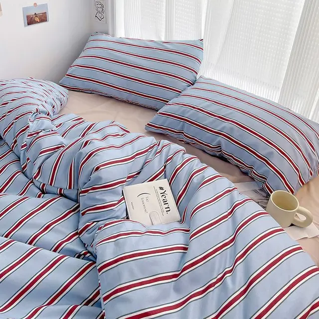Ensemble de housse de couette à rayures rouges et bleues, Style Simple, drap plat, ensemble de literie en coton lavé pour enfants et adultes 1