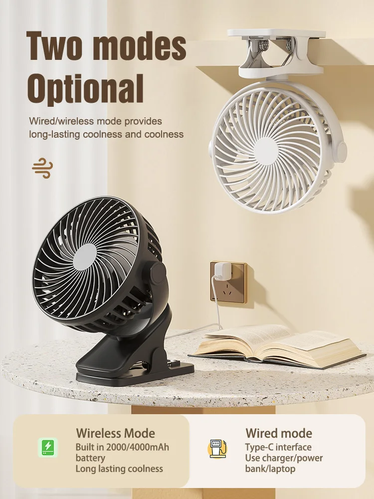 USB Rechargeable Portable Clip Fan 360° Rotation Adjustable Handheld Electric Table Fan Cooling For Student Dormitory Office