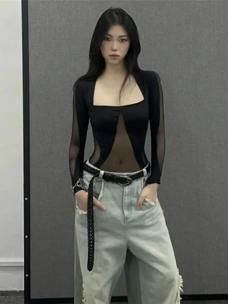 

See Through Bodysuit Black One-Pieces Body Feminino Long Sleeve Corset Top Streetwear Bustier Sexy Fashion Trends Women Clothing
