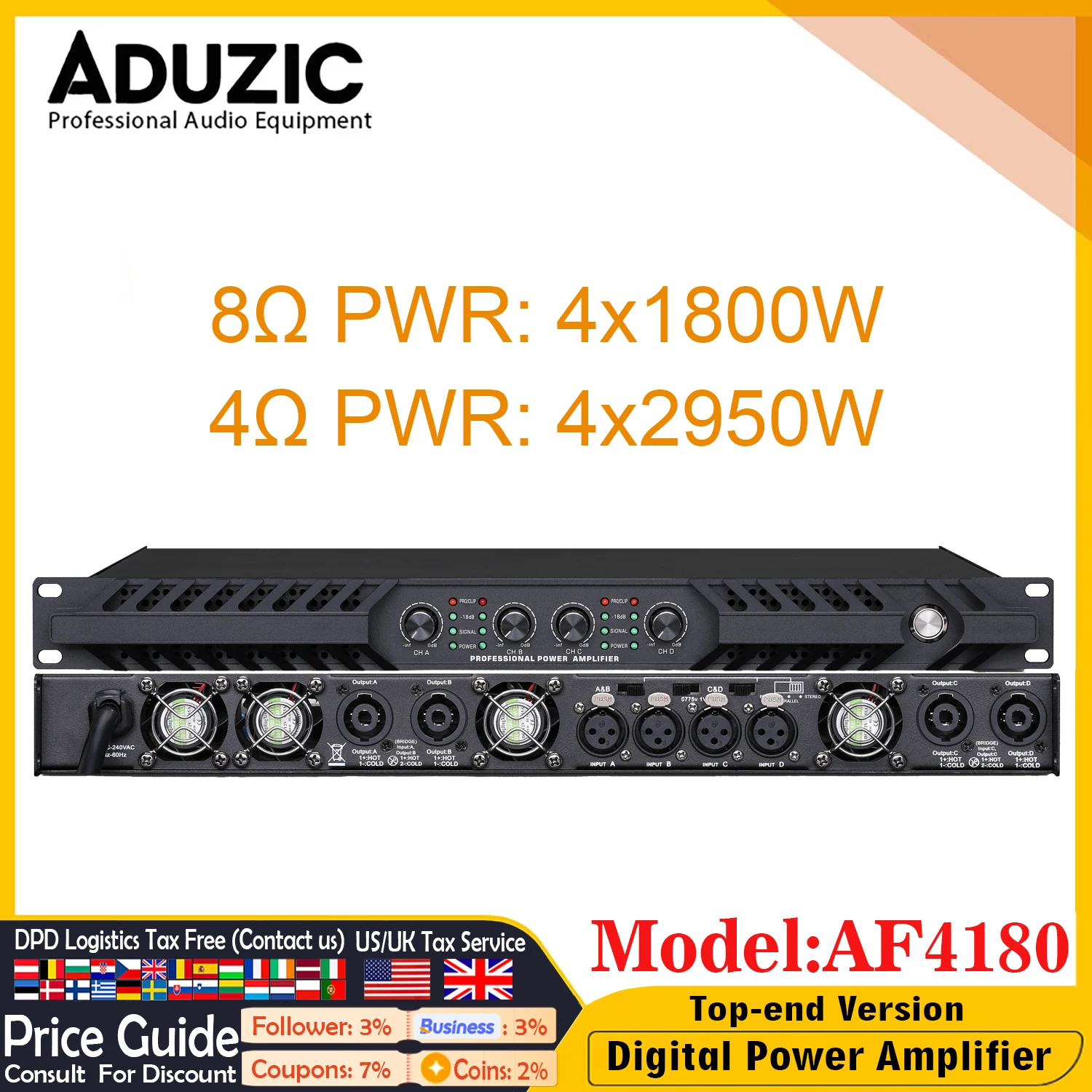 Aduzic AF4180 고출력 4채널 오디오 앰프 4x1800W 클래스 D 90V-260V 오디오 앰프 5300W 브리지 스테이지 라인 어레이 스피커용