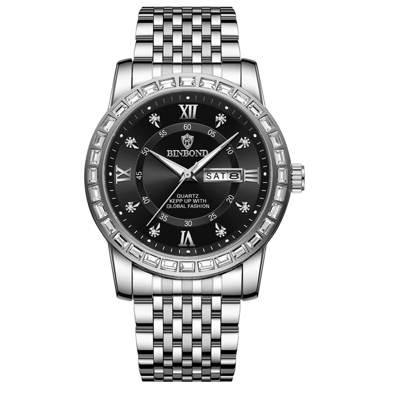BINBOND-ساعة كوارتز مقاومة للماء من الفولاذ المقاو...